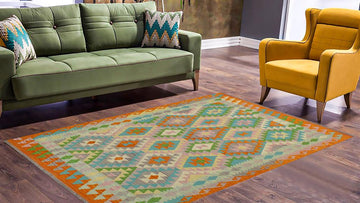 Flat Weave Kilim, Antique, Navaho, Vintage, Handmade, Geometric Kilim Beige Orange Hand-Woven Rectangle 100% Wool Area Rug 4 x 6